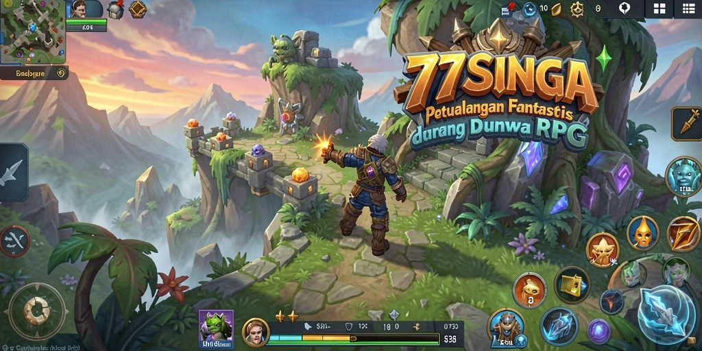 Screenshot gameplay 77SINGA menampilkan aksi pertarungan seru dan eksplorasi dunia fantastis.