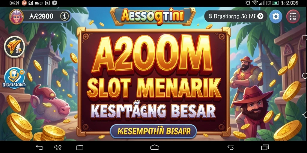 Screenshot menunjukkan gameplay seru A200M dengan simbol dan animasi menarik.