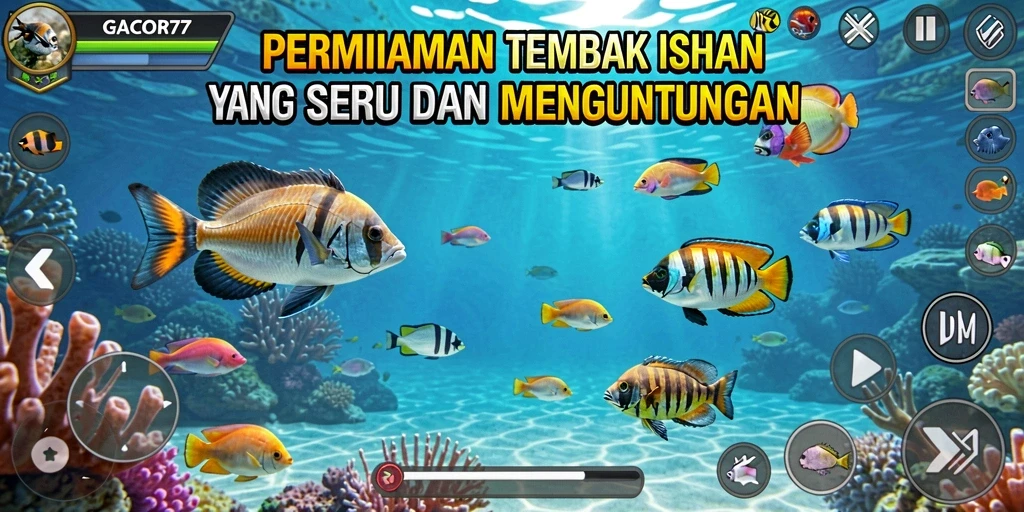 Screenshot menunjukkan gameplay GACOR77 dengan ikan yang beragam.