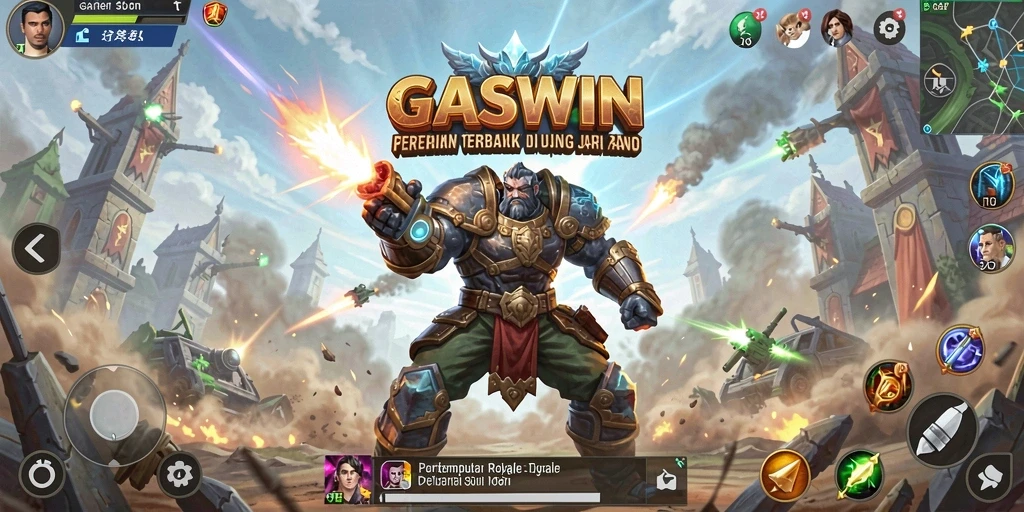 Screenshot utama GASWIN menampilkan aksi seru dalam pertempuran Battle Royale.