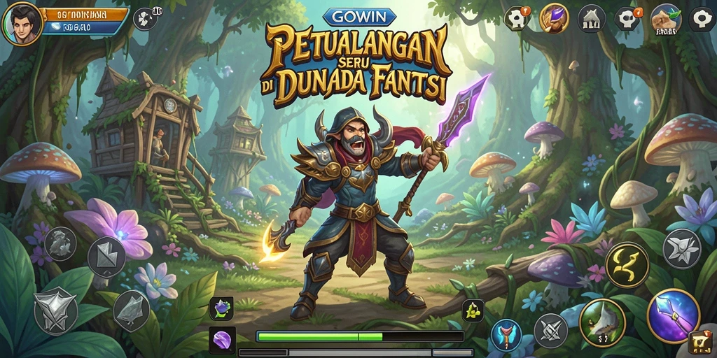 Tampilan utama GOWIN menampilkan petualangan seru di dunia fantasi.