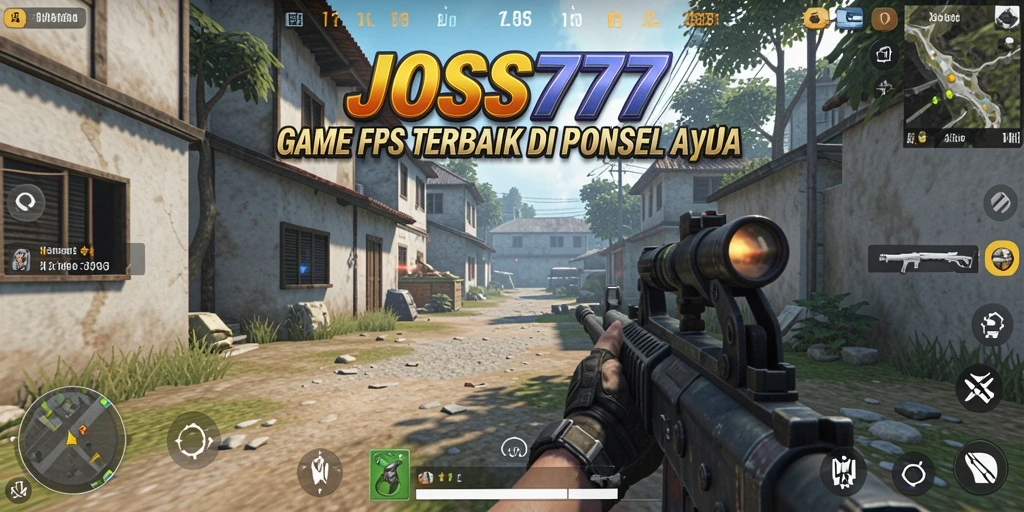 Screenshot menunjukkan pertempuran intens dalam game JOSS777 FPS.