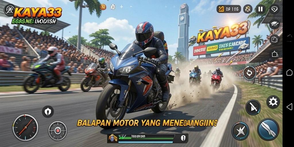 Screenshot game KAYA33 menampilkan balapan motor yang intens.