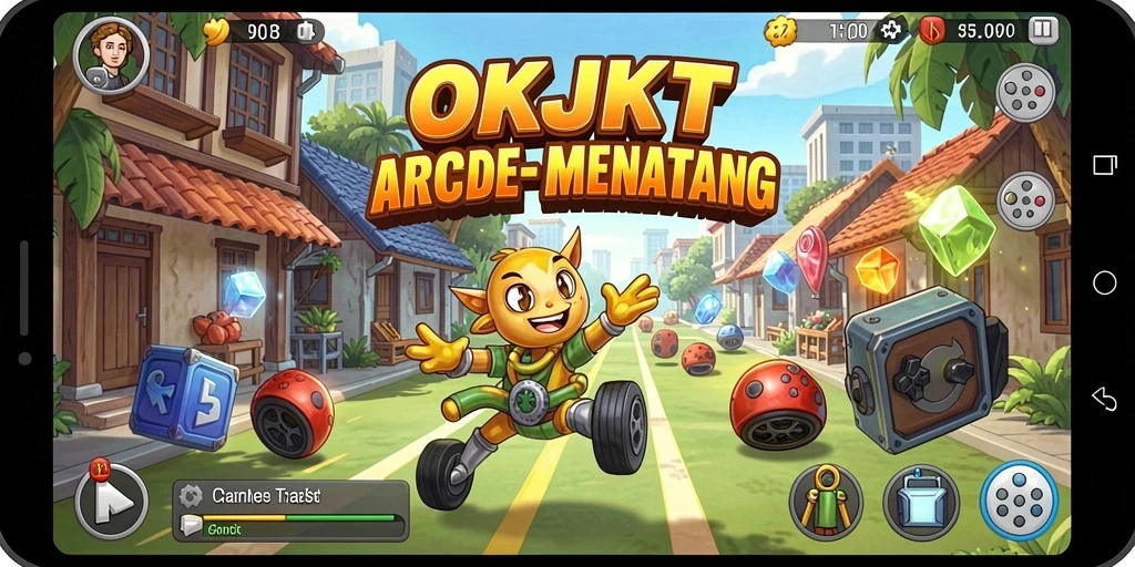Screenshot utama OKJKT menampilkan gameplay Arcade yang dinamis dan menarik.