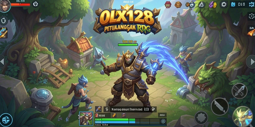 Screenshot gameplay OLX128 menunjukkan pertempuran karakter di dunia RPG yang penuh warna.