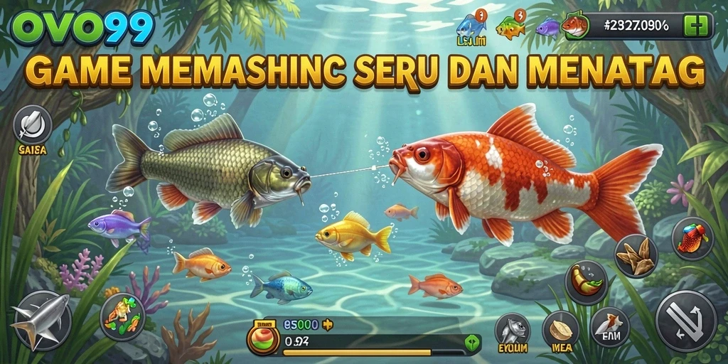 Screenshot gameplay OVO99 menampilkan keseruan memancing di laut yang indah.