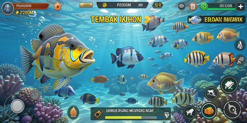 Tampilan gameplay P200M dengan aksi menembak ikan yang seru.