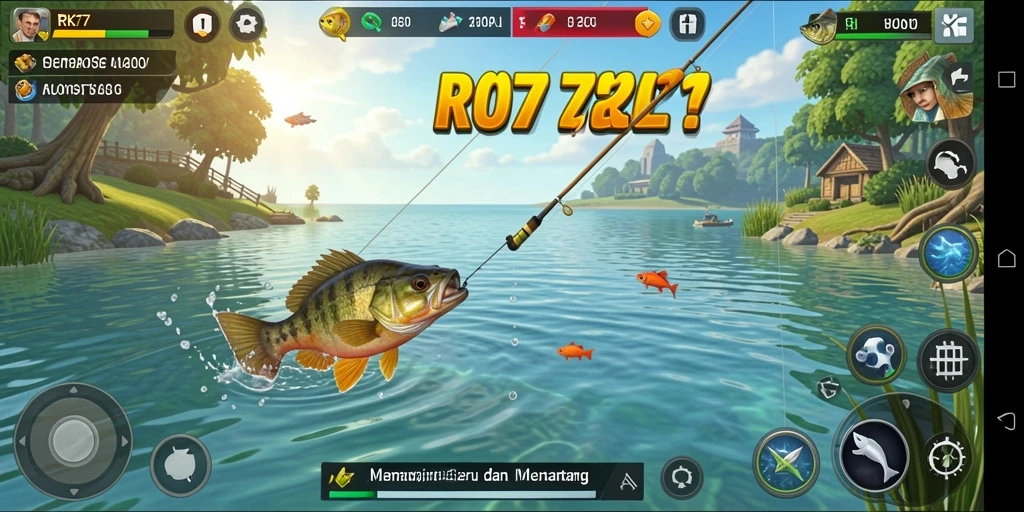 Tampilan gameplay RK77 menampilkan aksi seru dalam memancing ikan.