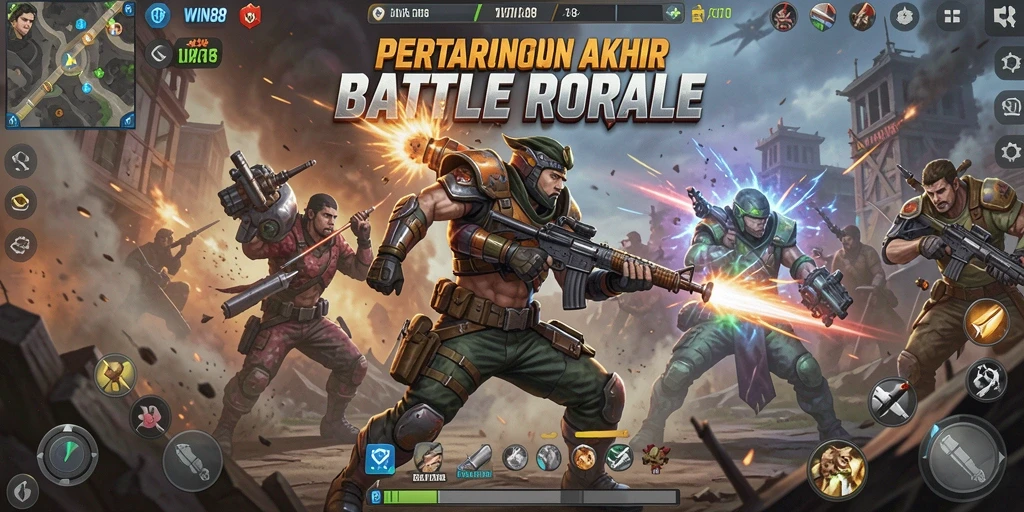 Gameplay epik dalam <strong>WIN88</strong> yang penuh aksi dan strategi Battle Royale.