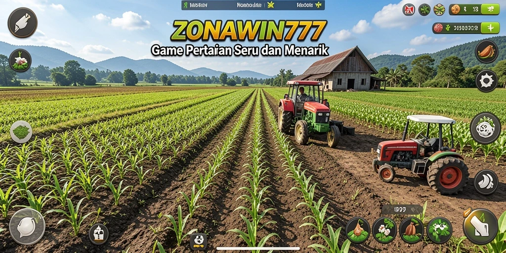 Screenshot gameplay ZONAWIN777 menampilkan ladang yang hijau dan hewan ternak yang sehat.